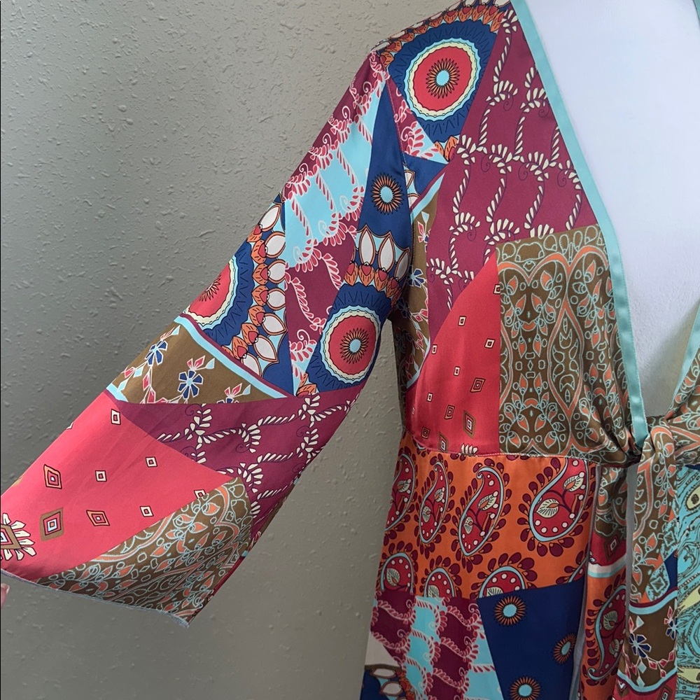 CAbi patchwork tie-front kimono or tunic, Style 914 parsley floral print size M - Picture 3 of 8